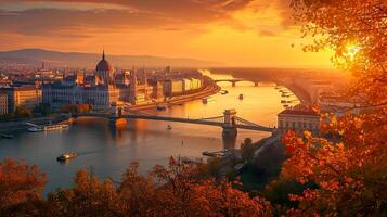 ai generado imagen de escénico ver de ciudad con prominente arquitectónico estructura, puente terminado río, y el rodeando paisaje bañado en el calentar resplandor de puesta de sol ai generado foto