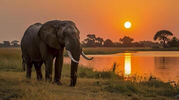 ai generado elefante en pie por un agua cuerpo a puesta de sol ai generado foto