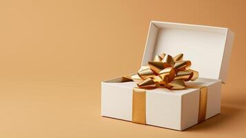 AI generated Empty open white gift box with gold ribbon on beige background, copy space Ai Generated photo