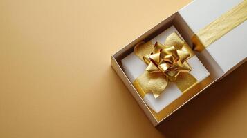 AI generated Golden Elegance Unveiled 3D Top View of Luxury Gift Box with Ribbon, Empty Space, Ai generated photo