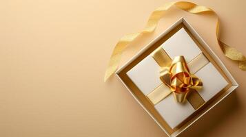 AI generated Golden Present Top View of 3D Luxury Gift Box with Ribbon, Empty Space, Ai generated photo