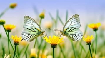 AI generated photo selective focus shot of a beautiful butterfly sitting on a branch with small yellow flowers Ai Generated