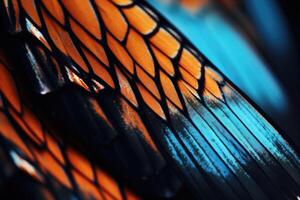 AI generated Closeup butterfly wing with blue and orange colors on black background photo