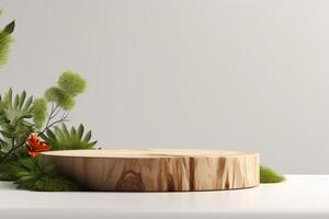 AI generated Minimal modern product display with wood slice podium and spring branches. photo