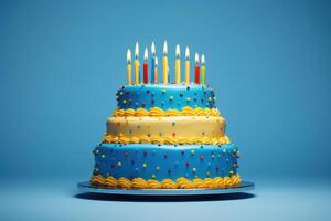 Birthday cake with blue frosting and yellow candles photo