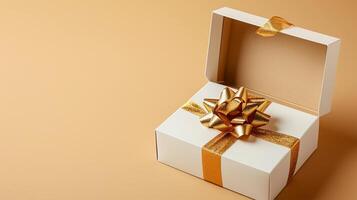 AI generated Golden Elegance Unveiled 3D Top View of Luxury Gift Box with Ribbon, Empty Space, Ai generated photo