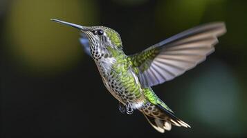 AI generated photo of green bird flying on smooth dark background Ai generated