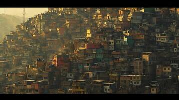 ai generado imagen muestra densamente poblado ladera cubierto en edificios, el mas grande edificios estar prominentemente en medio de menor estructuras ai generado foto