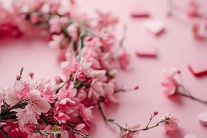 ai generado San Valentín día rosado flor guirnalda en pastel antecedentes. foto