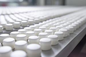 AI generated Macro shot of pill production in modern pharmaceutical factory. photo