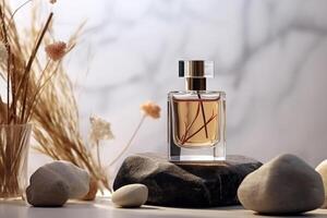 Natural fragrance presentation with transparent bottle. photo