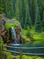 AI generated serene image captures picturesque scene of nature featuring waterfall, forest, pond and rocky Ai Generated photo