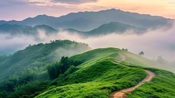 AI generated Photo of rolling green hills covered in lush greenery amidst misty atmosphere. dirt path winds through the landscape, nature concept Ai Generated