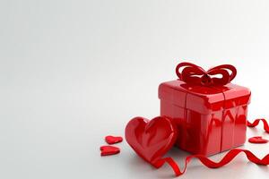 ai generado rojo cinta romance 3d corazón regalo caja, vacío espacio, parte superior vista, elegancia, ai generado foto