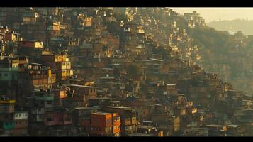 ai generado imagen muestra densamente poblado ladera cubierto en edificios, el mas grande edificios estar prominentemente en medio de menor estructuras ai generado foto