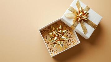 AI generated Golden Elegance Unveiled 3D Top View of Luxury Gift Box with Ribbon, Empty Space, Ai generated photo