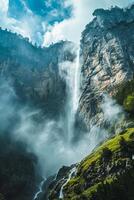 ai generado mago capturas poderoso cascada cascada abajo escabroso, rocoso montaña acantilado. el cielo encima es parcialmente nublado indicando vida en medio de el rocoso terreno ai generado foto