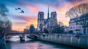 ai generado foto de el icónico notre dama catedral en París, con sereno río fluido en el primer plano y suave, vistoso cielo a oscuridad como fondo ai generado