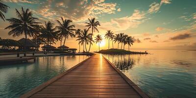 AI generated boardwalk with palm trees in tropical island at sunset, in the style of luxurious Ai Generated photo