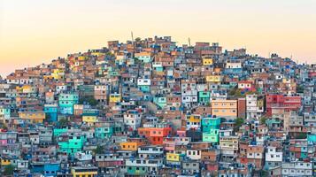 ai generado imagen muestra densamente poblado ladera cubierto en edificios, el mas grande edificios estar prominentemente en medio de menor estructuras ai generado foto