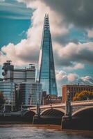 AI generated The Shard renowned skyscraper in London, standing tall against partly cloudy sky. The Shard is constructed with glass panels that reflect the surrounding environment. Ai Generated photo