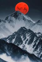 AI generated Snowy mountains surrounded by symmetry, in the center is black and red two suns from the evening. Ai Generated photo