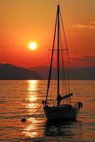 ai generado velero anclado a mar durante un asombroso puesta de sol ai generado foto
