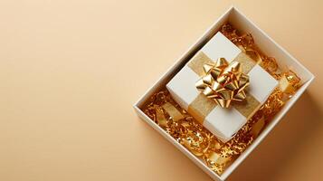 AI generated Golden Elegance Unveiled 3D Top View of Luxury Gift Box with Ribbon, Empty Space, Ai generated photo