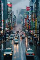 ai generado imagen de ciudad calle en lluvioso día. edificios paisaje, el la carretera debería ser mojado y reflejar el luces desde numeroso vehículo incluso carros y camión ai generado foto