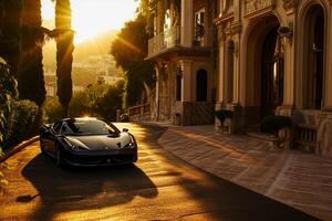 AI generated sports car parked in front of a luxury residence by sunset, luxury Life Ai Generated photo