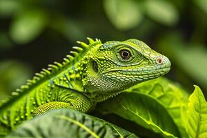 AI generated vibrant green lizard perched on bright green leaves Ai generated photo