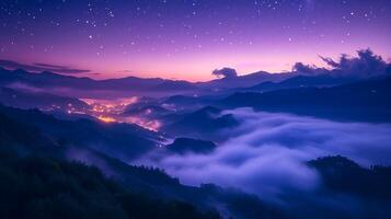 ai generado montañas en niebla en hermosa noche. paisaje con alto montaña valle, bajo nubes, bosque, púrpura cielo con estrellas, esclarecedor el ciudad a puesta de sol ai generado foto