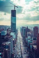AI generated Photo of cityscape with street filled with moving cars. Buildings of different heights and designs flank both sides of the street. Ai Generated