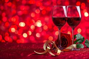 AI generated glasses wine, bloomed red rose golden ribbon, romantic theme celebrations of love Ai generated photo