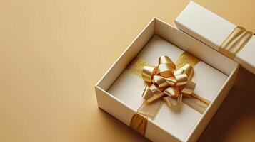 AI generated Golden Present Top View of 3D Luxury Gift Box with Ribbon, Empty Space, Ai generated photo