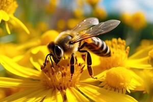 AI generated Striped bee collecting honey on yellow flower photo