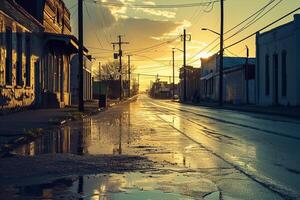AI generated street scene sunrise or sunset. The road is possibly due to recent rain, and reflects the light from the sky. Buildings line both sides of the street old and have rustic Ai Generated photo
