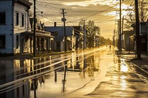 ai generado calle escena amanecer o puesta de sol. el la carretera debido a reciente lluvia, y refleja el ligero desde el cielo. edificios línea ambos lados de el calle antiguo y tener rústico encanto ai generado foto