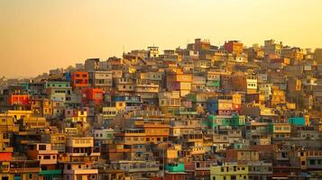 ai generado imagen muestra densamente poblado ladera cubierto en edificios, el mas grande edificios estar prominentemente en medio de menor estructuras ai generado foto