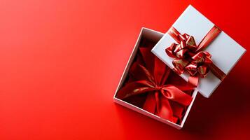 AI generated Empty open white gift box on red background, copy space Ai Generated photo