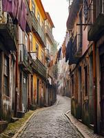 AI generated image captures narrow, winding cobblestone street lined with old buildings and laundry hanging from the balconies Ai Generated photo