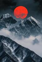 AI generated Snowy mountains surrounded by symmetry, in the center is black and red two suns from the evening. Ai Generated photo