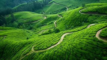 AI generated aerial view of vibrant green tea plantations is beautiful sight to behold. The plantations are organized in neat rows that form intricate patterns on the landscape. Ai Generated photo