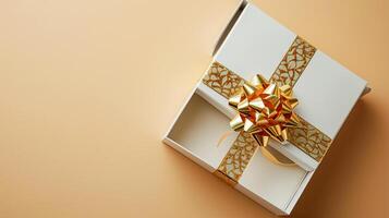 AI generated Radiant Gifting Experience 3D Golden Gift Box, Ribbon, Top View, Empty Space, Ai generated photo