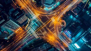 AI generated image is an aerial view of busy city intersection at night. Multiple roads converge at this point, creating an intricate pattern marked by various lanes and crosswalks. Ai Generated photo