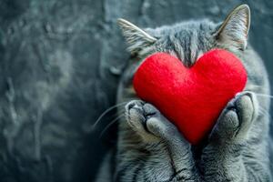 AI generated A red 3d heart in the paws of a cat. copy space Ai Generated photo