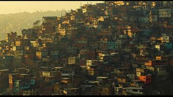 ai generado imagen muestra densamente poblado ladera cubierto en edificios, el mas grande edificios estar prominentemente en medio de menor estructuras ai generado foto