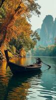 AI generated boat in the river in Sunrise through the mountains Ai generated photo