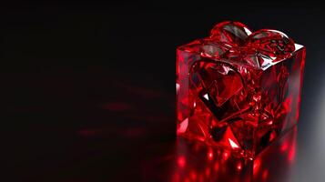 AI generated 3D gemstone Gift Box Heart, Ribbon, Empty Space, Top View, black background Ai generated photo