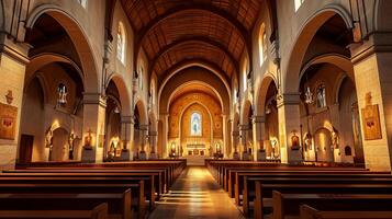 ai generado imagen de grandioso catedral interior con imponente Roca arcos madera bancas debería ser alineado ai generado foto